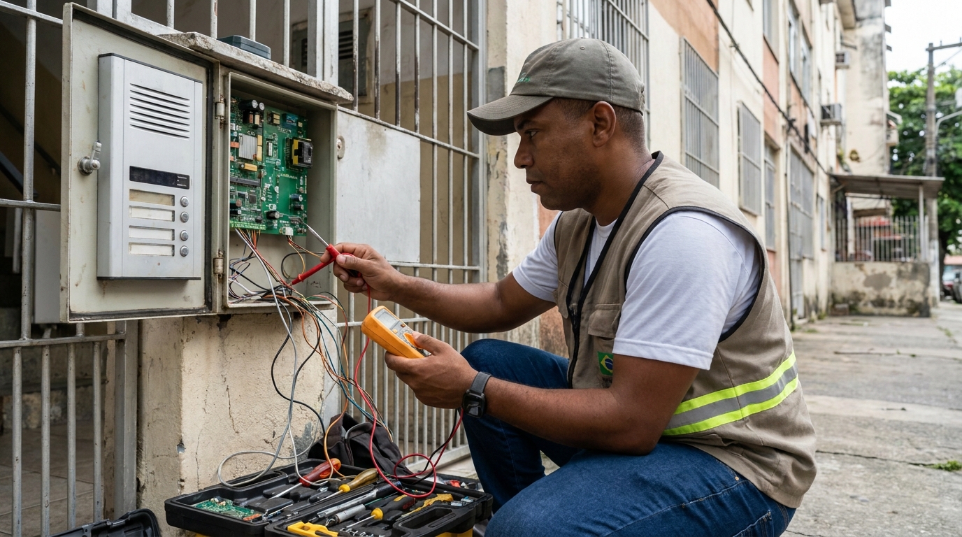 Eletricista consertando interfone em Blumenau‑SC