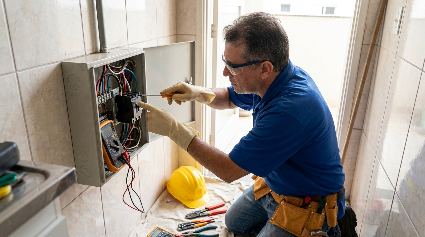 Eletricista instalando disjuntor em Blumenau‑SC